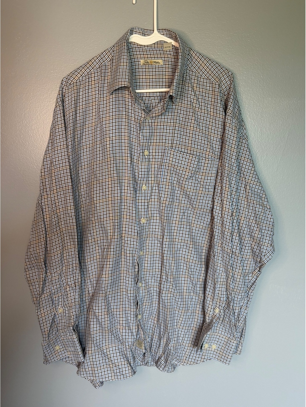 Peter Millar Men's XL Button-Up Cotton Shirt in Blue and Brown Houndstooth